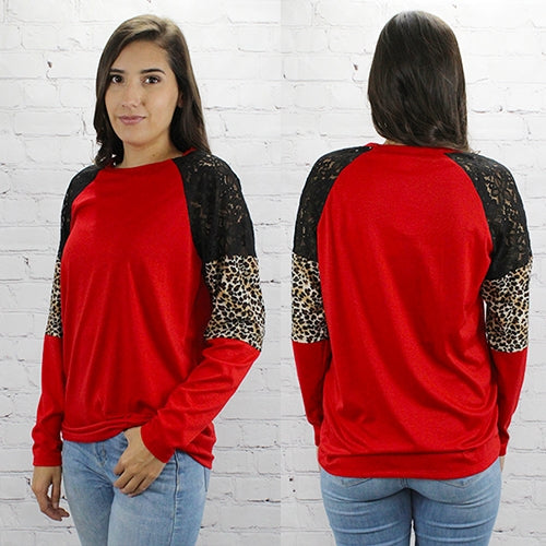 Lace & Leopard Long Sleeve Top (Red)