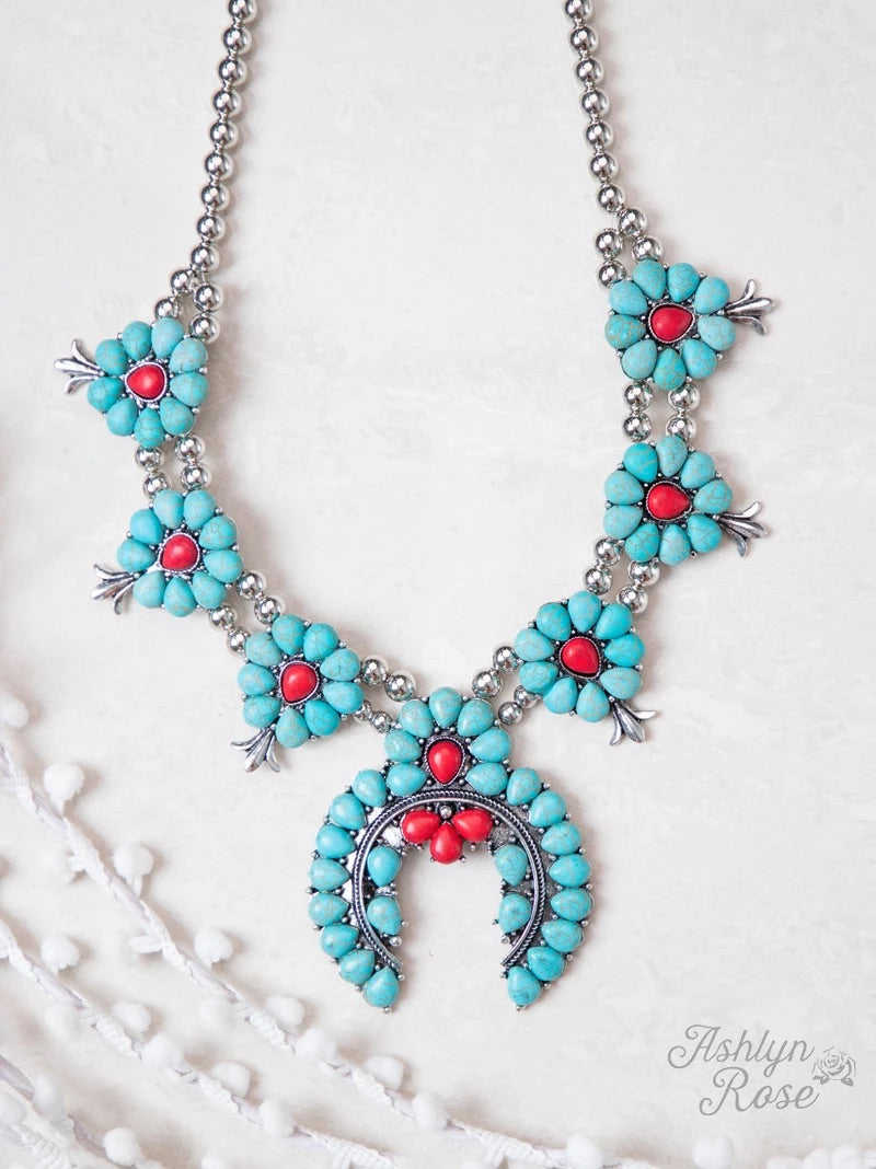 RED/TURQUOISE SQUASH BLOSSOM NECKLACE